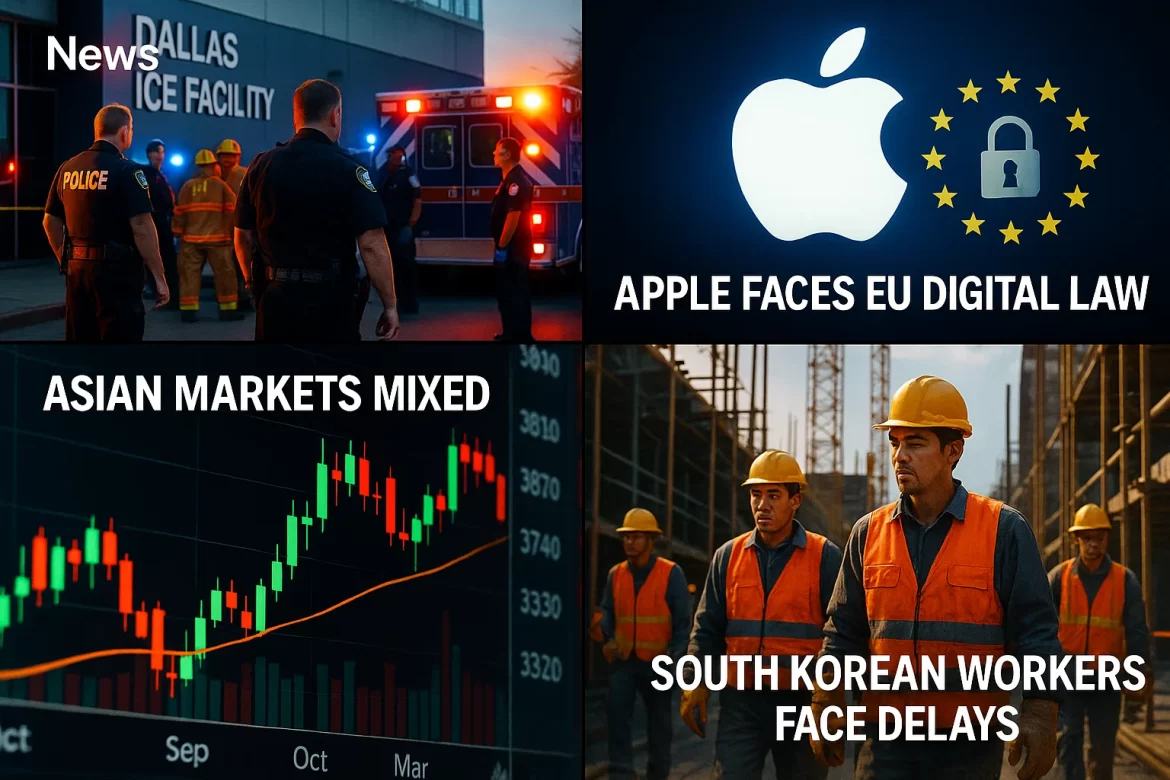 Thursday brought shocking headlines as a targeted shooting at the Dallas ICE facility left one dead and two critically injured.Meanwhile, Apple is pushing back against the EU’s Digital Markets Act over privacy and security concerns.Asian markets opened mixed, while South Korean projects face delays amid unresolved US visa issues, adding strain to global trade.<strong>A glance at major developments on Thursday morning.</strong>Dallas ICE shooting leaves 1 dead, two injuredA shooting at the Dallas ICE facility on Wednesday left one person dead and two others seriously injured, according to local reports.The gunman, who was later found dead from a self-inflicted wound, fired from a nearby rooftop using a high-powered rifle. Authorities say the attack was targeted, and the shooter had written “ANTI-ICE” on some of the bullets.The victims included detainees held at the facility, who were awaiting immigration processing. The officials confirmed that no ICE officers were hurt during the incident.Officials described the act as a violent attack motivated by anger toward the agency and called for calm and respect.As the investigation continues, ICE’s Acting Director urged the public to avoid hateful rhetoric that could inspire such violence.The wounded are currently in critical condition at local hospitals, while law enforcement works to piece together the full story behind this shocking event.Apple challenges EU Digital Markets ActApple is raising its voice against the European Union’s Digital Markets Act (DMA), urging regulators to reconsider how the law impacts users of Apple products across the EU.The company says the DMA has forced delays in launching new features like Live Translation and iPhone Mirroring in Europe because they require compatibility with non-Apple devices.Apple warns that the legislation exposes users to greater risks, including less secure app stores and the availability of harmful apps previously blocked by Apple.The company also highlights privacy concerns tied to the DMA, as it requires sharing user data with third-party companies.Apple stresses that while it supports consumer choice and competition, the current DMA rules unfairly target Apple alone, putting European users at a disadvantage compared to the global market.The tech giant is calling on the European Commission to review the law’s real-world effects to ensure EU customers continue receiving the seamless, secure experience Apple is known for.Asian Markets open mixedAsian markets opened mixed on Thursday, with Japan’s Nikkei index edging slightly higher, while Indian stock indices looked set for their fifth consecutive day of losses.The Nikkei rose modestly, supported by gains in tech shares and optimism over easing monetary policy concerns.However, broader sentiment in the region remained cautious due to ongoing worries about global economic growth and inflation pressures.In India, the Sensex and Nifty faced selling pressure, weighing on market confidence. Tech stocks were notably weak following higher costs linked to US visa policies, impacting major IT firms.Meanwhile, consumer-facing sectors were buoyed by recent tax cuts ahead of the festive season, providing some relief. <a href="https://invezz.com/news/2025/09/25/asian-markets-open-mixed-nikkei-edges-up-indian-indices-set-for-fifth-loss/">Read full report here.</a> US visa issues stall South Korean projectsSouth Korea’s Prime Minister Kim Min-seok said US projects involving South Korean firms will remain uncertain until visa issues are resolved, causing delays and concerns among investors.He told Bloomberg that without a visa fix, meaningful progress on these multi-billion-dollar projects is “virtually impossible.”This comes amid stalled negotiations over resolving visa restrictions for South Korean workers in the US.The visa issues put additional strain on a trade deal already facing challenges due to high tariffs and economic pressures.South Korea’s government stresses the need for swift action from Washington to reassure companies and workers affected.The Prime Minister noted that although the projects are not formally on hold, limited worker mobility hampers their execution.South Korea faces broader economic concerns as growth slows and trade tensions rise.Resolving visa issues quickly is seen as critical to stabilizing investment plans and maintaining strong economic ties between the two countries.The post <a href="https://invezz.com/news/2025/09/25/morning-brief-dallas-ice-shooting-apple-challenges-eu-law-asian-markets/">Morning Brief: Dallas ICE shooting, Apple challenges EU law, Asian markets</a> appeared first on <a href="https://invezz.com/">Invezz</a>
