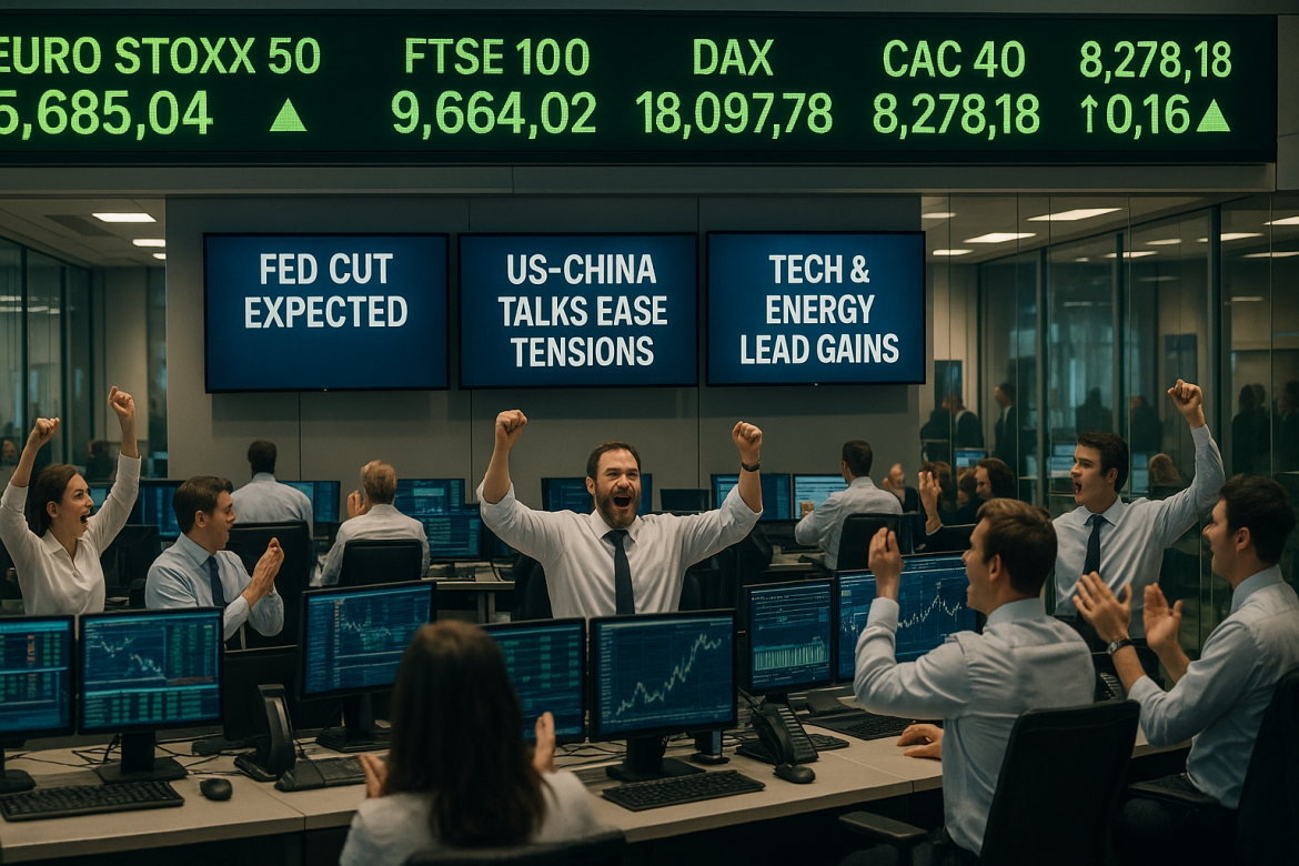 Europe markets kicked off the week in high spirits on Monday, as investors responded enthusiastically to positive signals from major economies and core indices touched record territory.The opening hours saw a broad rally, buoyed by optimism on US-China trade negotiations, softer-than-expected US inflation, and expectations of an imminent Federal Reserve rate cut, setting a bullish tone across the continent.The pan-European Euro STOXX 50 opened above 5,685, extending a robust run that has seen the index climb more than 3% over the past month and more than 14% year-on-year.Across the major bourses, the FTSE 100, DAX, and CAC 40 all posted early gains, <a href="https://invezz.com/news/2025/10/27/european-tech-earnings-surge-as-ai-demand-powers-strong-q3-rebound/">drawing further strength from upbeat corporate earnings</a>, a recovering energy sector, and new highs for tech shares.Europe markets: Record highs and sectoral winnersEuropean markets kicked off the week on a strong note.The Euro STOXX 50 opened at 5,685, not far from its recent all-time high, while the FTSE 100 jumped past 9,664 as investors cheered solid UK retail numbers and a brighter outlook for consumer spending.Germany’s DAX also opened higher, helped by strength in carmakers and tech names, particularly those riding the global semiconductor boom like ASML and ASMI.France joined the party too, with the CAC 40 lifted by big luxury names and energy stocks making a comeback as oil prices steadied.Sector rotation is still the big story in Europe right now. Tech and healthcare continue to lead recent gains, with chipmakers among the session’s standout performers thanks to growing demand for AI hardware and fresh cross-border deals.The auto sector kept accelerating, especially EV names, while pharma and insurers added their usual dose of defensiveness.Energy stocks like BP and Shell bounced after new EU sanctions on Russian oil, giving risk sentiment another push.Even with growing optimism around trade talks and potential policy easing, it’s not an all-in risk rally.Investors are piling into growth names, but there’s still money flowing into defensives, a sign that worries about global growth and inflation haven’t gone away.Key drivers and sentimentMonday’s rally was driven largely by big-picture news and central bank cues. Investors are now almost fully expecting a 25-basis-point rate cut from the Fed later this week, especially after <a href="https://invezz.com/news/2025/10/24/us-inflation-edges-up-to-3-in-september-slightly-below-expectations/">softer US CPI data</a> boosted hopes of looser monetary policy.At the same time, US–China talks in Malaysia have helped ease trade tensions, which in turn lifted European exporters and global equities as diplomatic momentum improves.Closer to home, European earnings season has been better than expected so far. Solid results from big names in tech, retail, and finance have reassured investors that the recovery is still on a sturdy footing.Meanwhile, Eurozone GDP and inflation figures are still coming in broadly in line with forecasts. Even with energy shocks and geopolitical noise in the background, the data continues to show steady.The post <a href="https://invezz.com/news/2025/10/27/europe-markets-start-week-strong-on-fed-easing-hopes-resilient-corporate-results/">Europe markets start week strong on Fed easing hopes, resilient corporate results</a> appeared first on <a href="https://invezz.com/">Invezz</a>