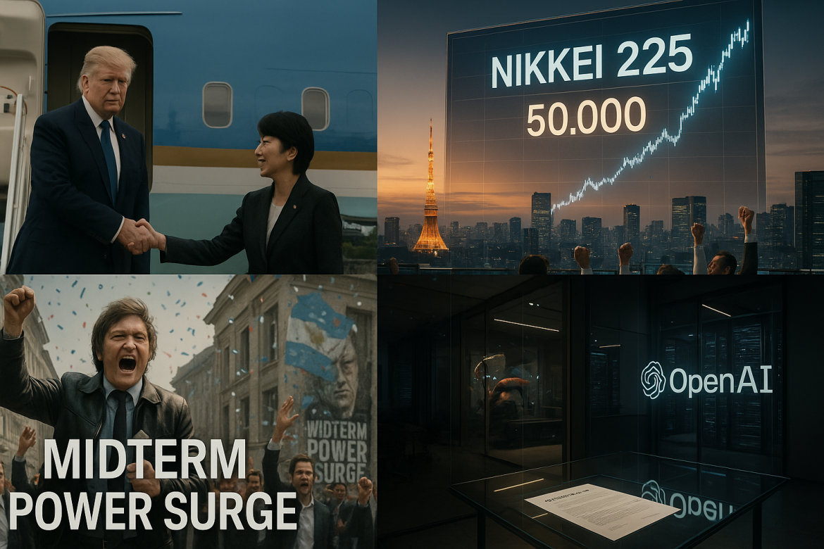 US President Donald Trump’s Asia trip is making major headlines on Monday as he is vising Japan, where he is expected to push for increased investments and defense cooperation.The Asian markets rejoiced at President Trump’s visit, as Japan’s Nikkei 225 index continued its bull run and crossed the 50,000-mark for the first time.In Argentina, President Javier Milei won the mid-term elections, shattering decades of Peronist dominance and securing enough congressional muscle to fast-track radical economic reforms.Softbank is following through with a fresh $22.5 billion payment to OpenAI, as part of a larger $30 billion investment in the tech company, and this time, and investment is tied to a condition.<strong>A glance at major news developments this morning.</strong>Trump heads for TokyoUS President Donald Trump departed Tokyo on Monday, the second stop on his Asia tour, where he’s pushing for more trade, investment, and defense cooperation.He will first meet Emperor Naruhito, and then sit down with Japan’s new Prime Minister, Sanae Takaichi, the country’s first woman to hold the office.At the top of the agenda: finalizing Japan’s pledge to invest $550 billion in the US, a deal that’s reportedly linked to Washington holding off on new tariffs against Japanese imports.Takaichi, who is closely aligned with former Prime Minister Shinzo Abe, has already said that strengthening ties with the US is her government’s “top priority.”Trump’s stop in Japan comes fresh off deals made in Malaysia, including a ceasefire agreement between Thailand and Cambodia.After Tokyo, he heads to South Korea for a high-stakes meeting with China’s President Xi Jinping, a summit many hope will help stop the US-China trade war from escalating any further.Japan’s Nikkei 225 crosses 50,000 markAsia-Pacific markets looked set to open on a strong note Monday after signs of real movement in US–China trade talks.Japan’s Nikkei 225 jumped more than 2% and, for the first time ever, crossed the 50,000 mark.The Topix index was up too, gaining about 1.6%. Futures in Hong Kong pointed to a higher open, and Australia’s ASX 200 started the day up about 0.5%.The upbeat mood follows news that US and Chinese negotiators reached a framework agreement on major trade issues during meetings in Malaysia, raising hopes that an eventual deal between President Trump and President Xi Jinping is within reach.US Treasury Secretary Scott Bessent said Trump’s threat of 100% tariffs on Chinese imports is “basically off the table” now.In return, China is expected to boost soybean imports and hold off on restricting rare-earth exports. The US, however, plans to keep its current export controls in place.Investor sentiment is also getting a lift from expectations that the Federal Reserve may cut interest rates soon, along with solid earnings from big tech companies.Milei gains power in ArgentinaJavier Milei scored a major win in Argentina’s midterm elections.His party, La Libertad Avanza, took 40.8% of the national vote, tripling its seats in Congress and breaking the long-running grip of Peronism in several key provinces.Milei called the outcome a “turning point” and said it gives him the mandate he needs to speed up his agenda of austerity, deregulation, and a much smaller state.With 101 seats in the lower house and 20 in the Senate, his coalition now has enough power to push big reforms and block any impeachment attempts.This was the strongest congressional backing Milei has ever received, even though voter turnout dipped below 70%. Markets and Washington welcomed the result.US President Donald Trump reaffirmed that $40 billion in American financial support is still on the table, but stressed it depends on Milei actually delivering the reforms he has promised.SoftBank’s $30B bet on OpenAISoftBank’s board has signed off on a second $22.5 billion payment to OpenAI, part of its massive $30 billion bet on the company, but there’s a catch.The cash only moves if OpenAI manages to shift to a for-profit structure by the end of the year.The investment is tied to a broader $41 billion funding round, and if the restructuring stalls, SoftBank’s commitment could shrink to about $20 billion instead.Investor enthusiasm has been fueled by OpenAI’s explosive revenue growth, from $3.7 billion last year to a run rate of about $12 billion by mid-2025.To fund the deal, SoftBank is using a mix of financing, including a $5 billion loan backed by Arm shares and a $2.9 billion bond issue.If the restructuring goes through, it would also clear the path for a future OpenAI IPO, positioning this as one of the biggest single investments ever made in the generative AI space.The post <a href="https://invezz.com/news/2025/10/27/morning-brief-trump-heads-to-japan-nikkei-breaks-50000-mark-softbanks-30b-openai-bet/">Morning brief: Trump heads to Japan, Nikkei breaks 50,000 mark, SoftBank’s $30B OpenAI bet</a> appeared first on <a href="https://invezz.com/">Invezz</a>