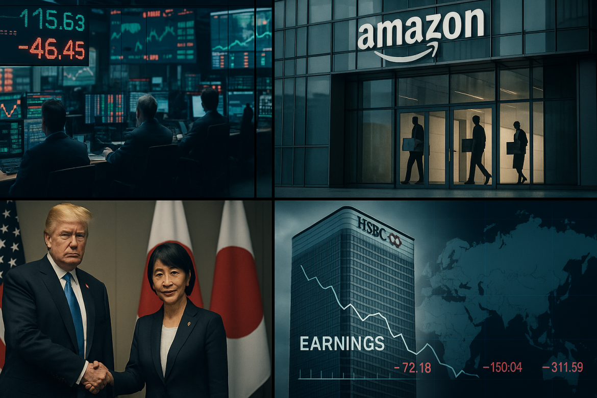 A busy global news cycle is unfolding across markets, geopolitics, and corporate earnings this morning.Amazon is preparing what could be its largest-ever round of layoffs. Trump met Japan’s new prime minister in Tokyo for high-stakes talks.HSBC reported softer quarterly profits amid a major legal hit, and Asian stocks cooled from record highs as investors brace for central bank decisions and fresh signals from Washington and Beijing.<strong>A glance at the major developments this morning.</strong>Amazon’s biggest layoffs<a href="https://invezz.com/news/2025/10/28/amazon-prepares-for-one-of-techs-biggest-layoffs-ever-heres-what-to-know/">Amazon is about to carry out what could be the biggest round of corporate layoffs</a> in its history, starting as soon as Tuesday.The company is expected to cut up to 30,000 corporate roles, which amounts to roughly 10% of its white-collar staff of 350,000.The cuts won’t be limited to one corner of the business. Teams across HR, operations, its devices and services units, and even Amazon Web Services are expected to feel the impact.Ahead of the announcement, managers were reportedly briefed on how to communicate the news to their teams.Amazon’s leadership is framing the move as part of a larger cost-cutting strategy, a correction after what they see as pandemic-era overhiring.The company has also been leaning heavily into automation initiatives under CEO Andy Jassy, and some of those efficiency pushes are believed to be driving these job reductions as well.Trump meets Japan PMUS President Donald Trump met with Japan’s new Prime Minister, Sanae Takaichi, in Tokyo for their first round of high-level talks.The discussion centered on trade, defense, and how the two countries can work more closely in the region.During the meeting, the two leaders signed a new framework aimed at securing access to critical minerals and rare earth materials, a move meant to stabilize supply chains as China tightens its export rules.Takaichi, who has made history as Japan’s first female prime minister, told Trump she plans to raise Japan’s defense spending to 2% of GDP.She also laid out a sweeping $550 billion investment package that includes deals tied to U.S. shipbuilding, soybeans, and natural gas.In a notable gesture, she also said she intends to nominate Trump for the Nobel Peace Prize.HSBC Q3 earningsHSBC posted a profit before tax of $7.3 billion for the third quarter of 2025, about $1.2 billion less than the same period last year.A big chunk of that drop came from a $1.1 billion provision tied to litigation related to the Madoff case.On the upside, revenue for the quarter climbed 5% to $17.8 billion, thanks to solid results from its Wealth business and Commercial Banking.That growth helped offset rising costs from tech investments and inflation.The bank’s net interest margin landed at 1.57%, and its core capital ratio (CET1) remained strong at 14.5%.Despite the legal hit, HSBC’s board kept the interim dividend unchanged and reiterated its commitment to returning capital to shareholders.Analysts generally viewed the results as a sign of resilience given the legal overhang and choppy market conditions.Asian markets slipAsian markets pulled back on Tuesday after recently hitting record highs, as traders digested US President Trump’s meeting with Japan’s new Prime Minister Sanae Takaichi and looked ahead to major central bank decisions.Japan’s Nikkei 225 slipped about 0.57%, South Korea’s Kospi dropped 1.4%, while Hang Seng futures were just slightly above their previous close.Mainland China was the bright spot as the Shanghai Composite climbed to a decade high, fueled by optimism that US–China trade talks could resume later this week.Investors are keeping a close eye on a few big moving pieces now: earnings from major tech firms, the next signals from the Federal Reserve on interest rates, and any concrete outcomes from Trump’s diplomatic push in the region.The post <a href="https://invezz.com/news/2025/10/28/morning-brief-amazon-plans-record-layoffs-trump-meets-japans-pm-hsbc-profit-falls/">Morning brief: Amazon plans record layoffs, Trump meets Japan’s PM, HSBC profit falls</a> appeared first on <a href="https://invezz.com/">Invezz</a>